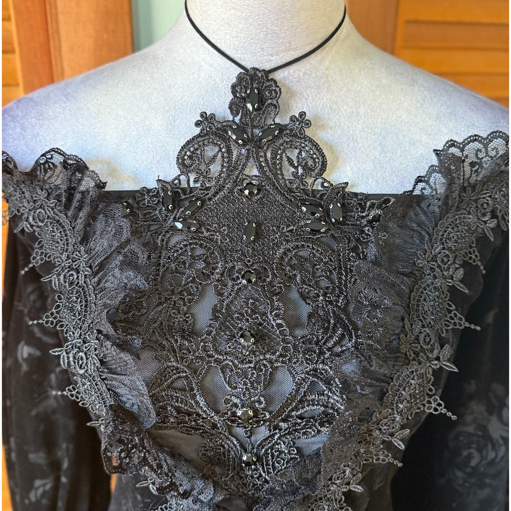 Devil Fashion Gothic Victorian Vampire Black Velvet Rose & Lace Beaded Top