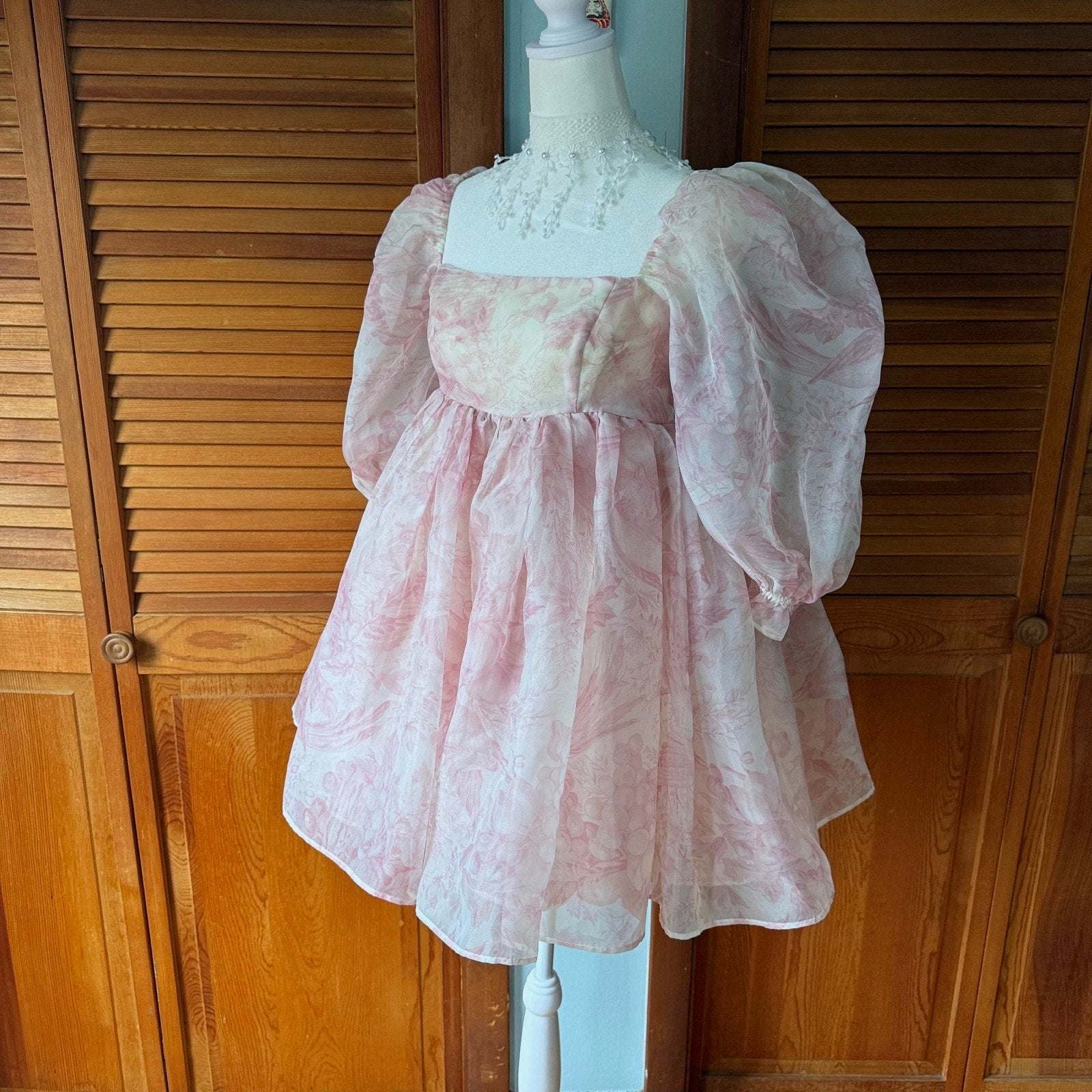 Selkie Cottagecore Romantic Fairycore Pink Floral Puff Sleeve Dress S