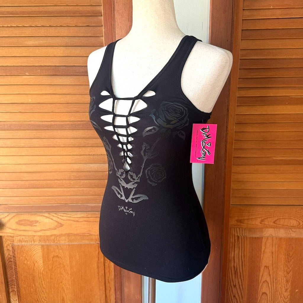 Demi Loon Punk Goth Emo Grunge "Black Rose" Slashed Cutout Festival Tank