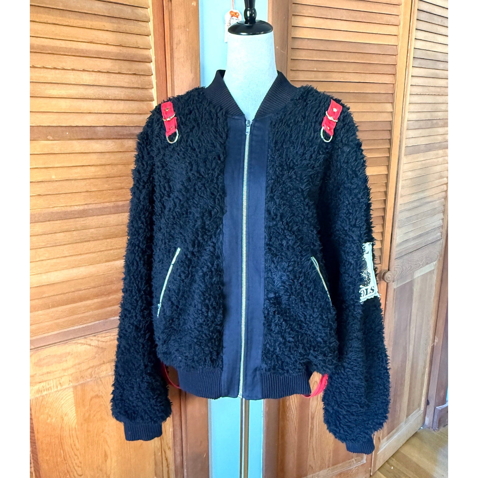 Vintage Lip Service Punk Goth Y2K Black Faux Fur Bondage Bomber Jacket L