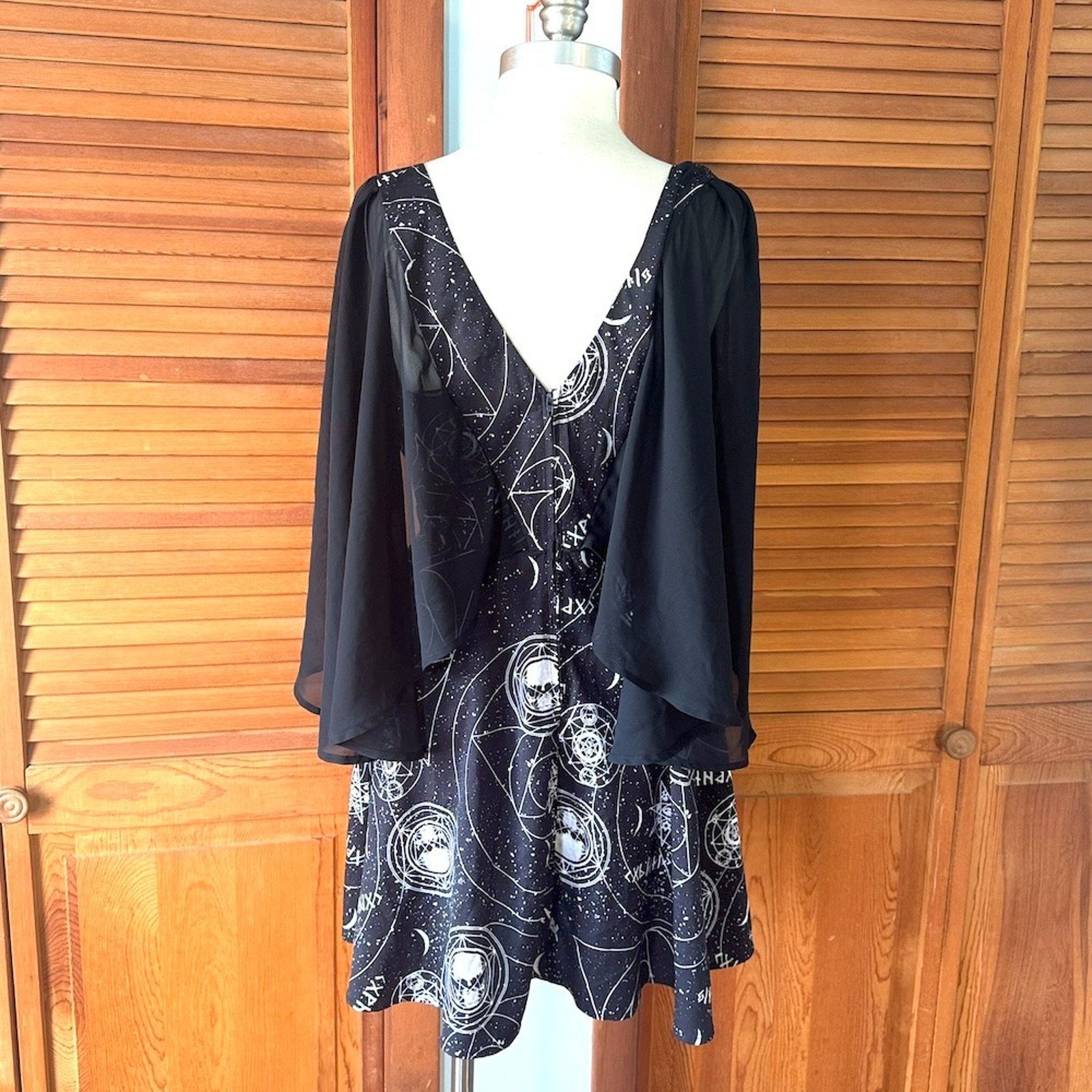 Goth Punk Witchcore Wiccan Skull Astrology Black Batwing Mini Dress M-L