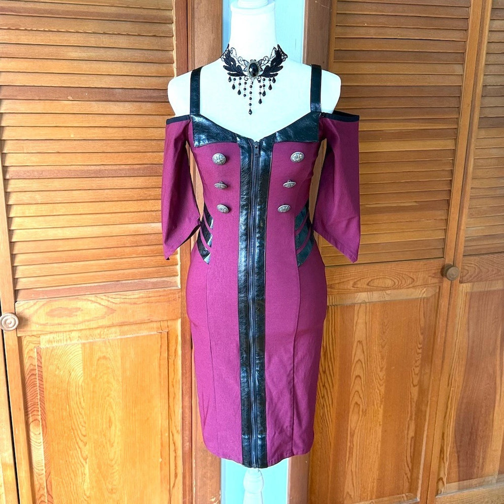 Killstar Punk Goth Cyber Pinup Y2K Sexy Bodicon Burgundy Red & Black Dress XS