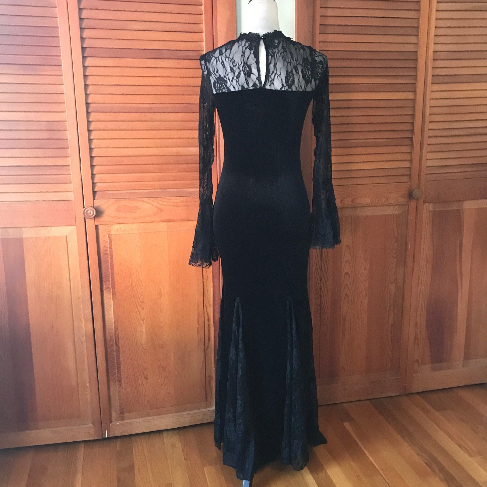 Gothic Victorian Flowers of Evil Black Velvet & Lace Morticia Gown Dress