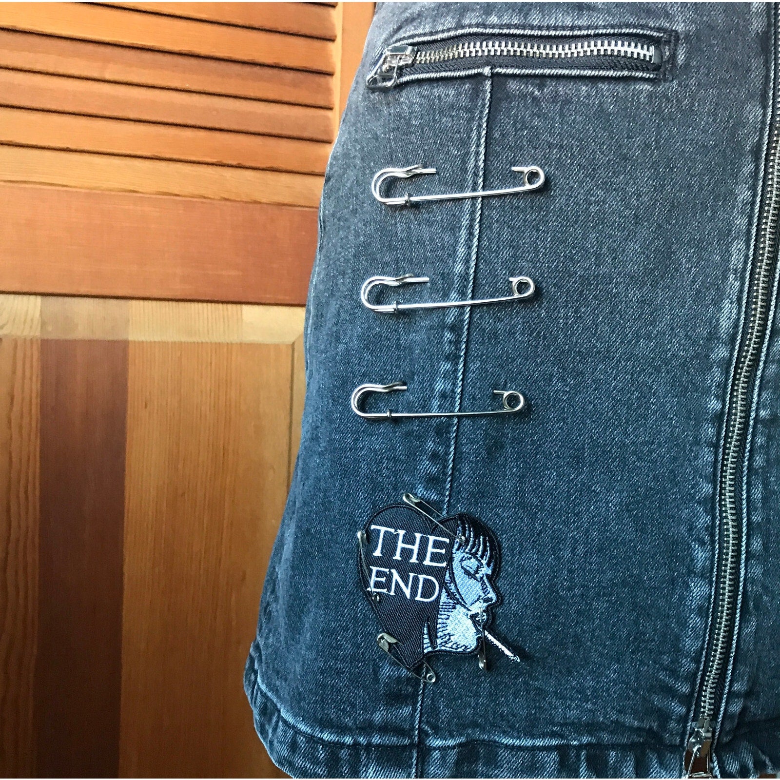 Punk Goth Dark Gray Denim Patches, Safety Pins & Chains Skirt XS 0