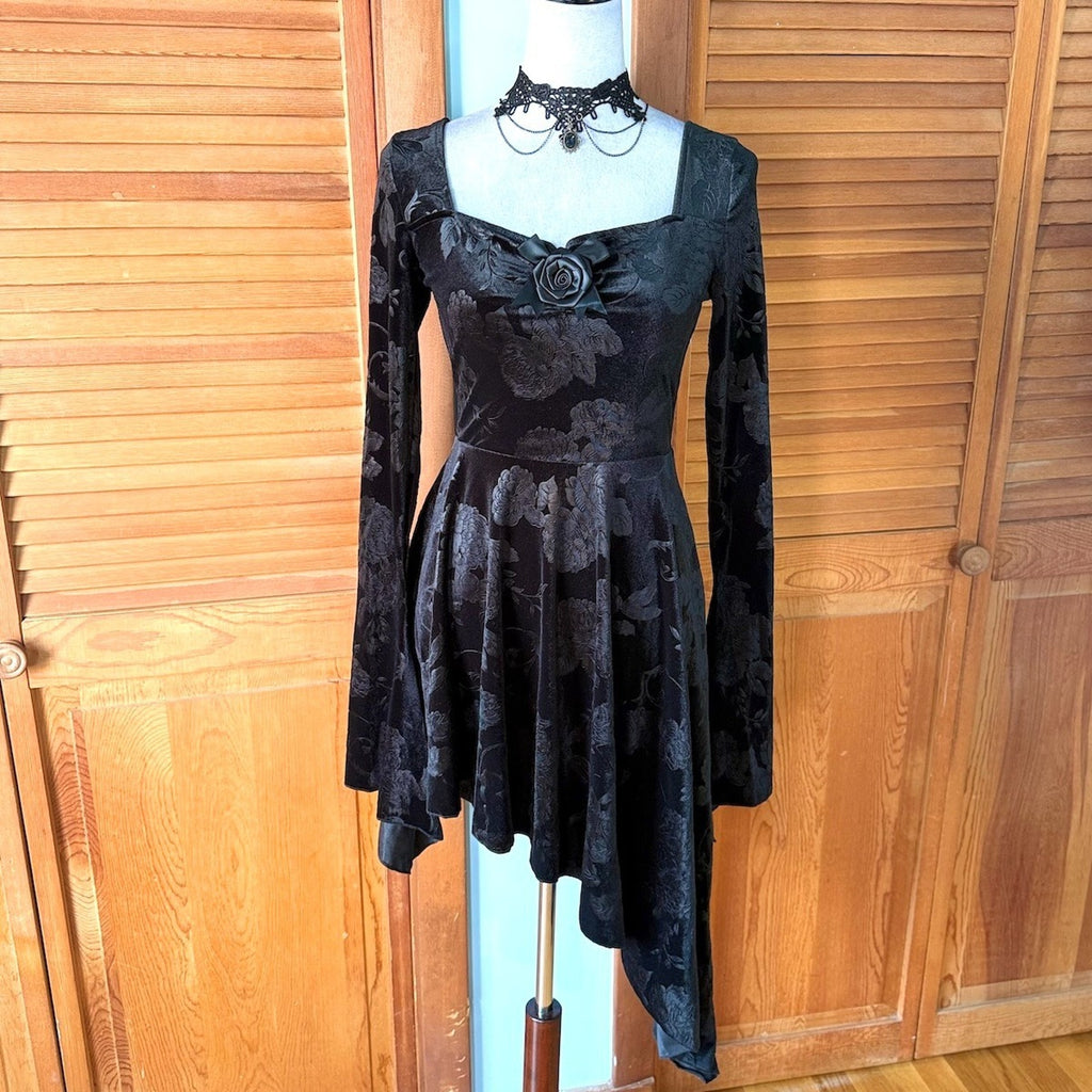 Garden Goth Victorian Dark Fairycore Midnight Blossom Black Velvet Dress