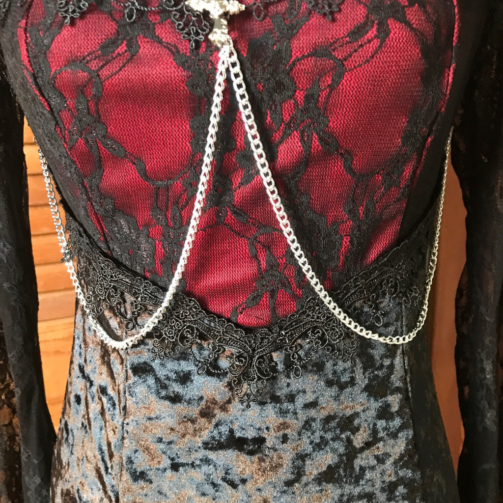 Gothic Victorian Scarlet Dreams Black Velvet & Lace Chain Cross Gown Dress