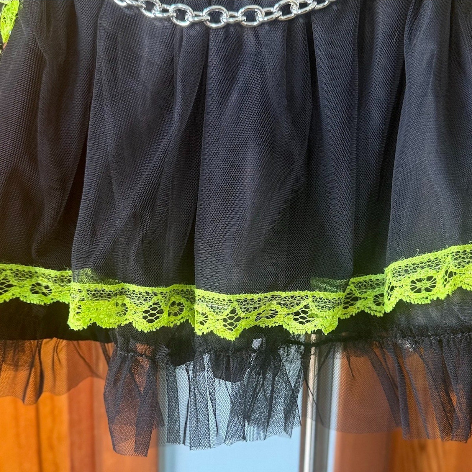 Tripp NYC Gothic Lolita Punk Black Green Lace & Chains Tulle Tutu Mini Skirt XL