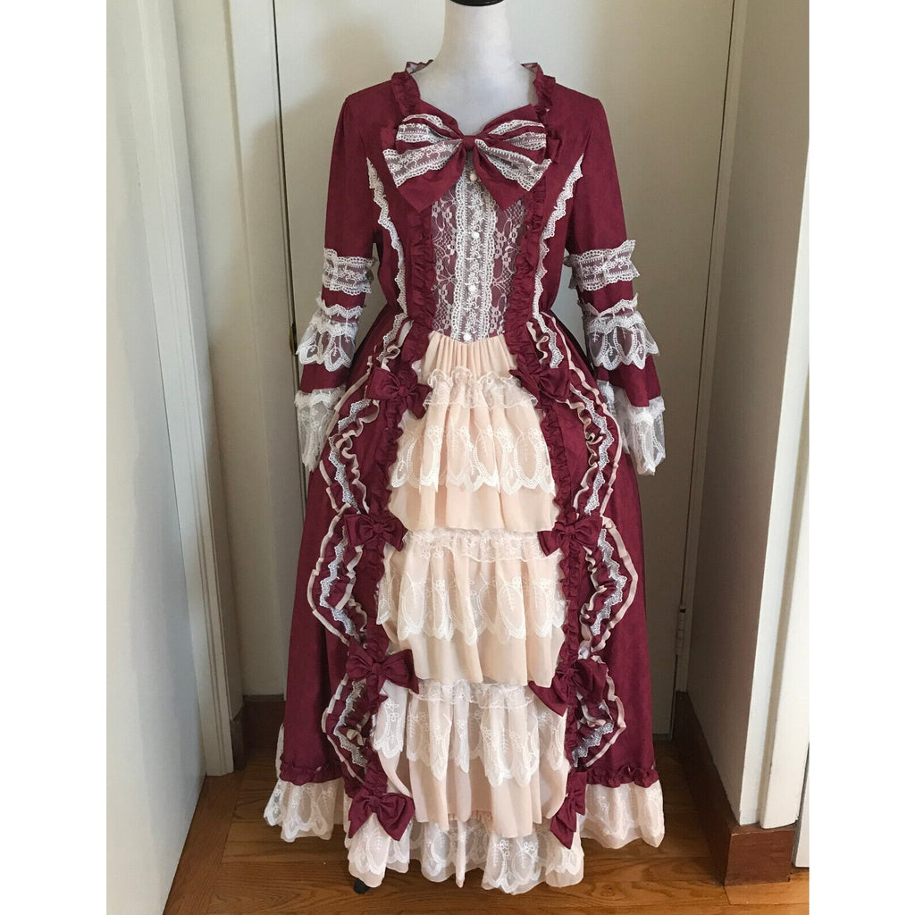 Gothic Victorian Lolita Anime Cosplay Burgundy Ivory Lace Bow Princess Gown