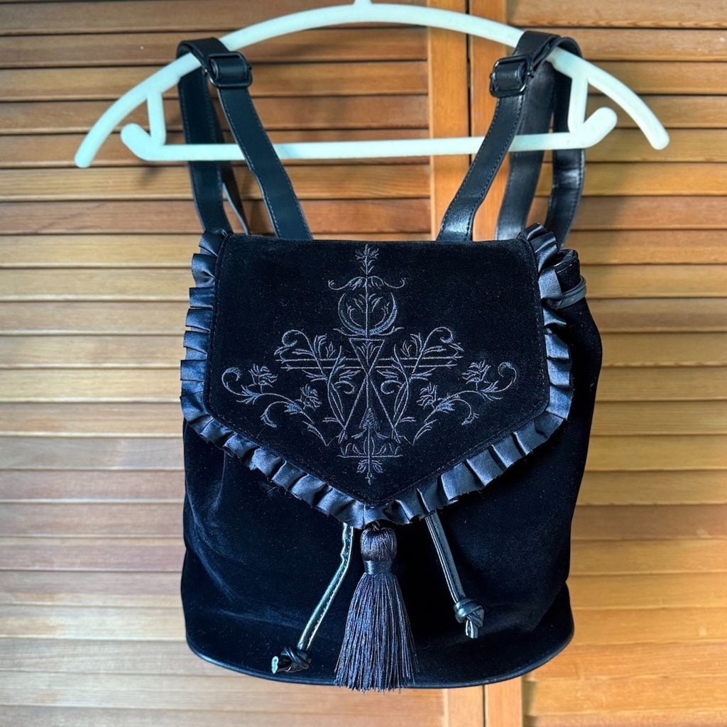 Gothic Victorian Witchy Black Velvet Embroidered Mini Backpack Bucket Purse Bag