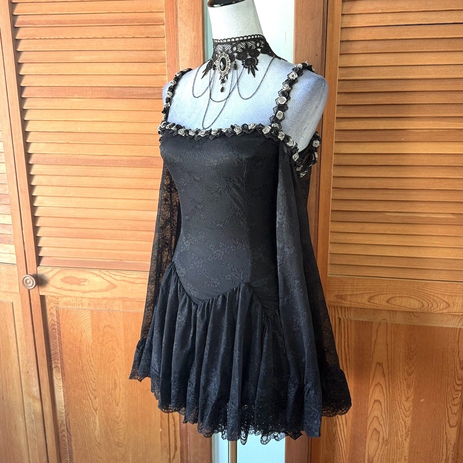 Dolls Kill Black & Gray Rose Trim Dark Fairycore Black Lace Mini Dress