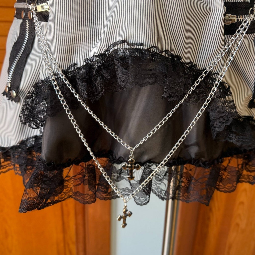 ACDC Rag Lolita EGL Goth Punk Emo Gray Black Zipper Cross Chain Lace Trim Skirt