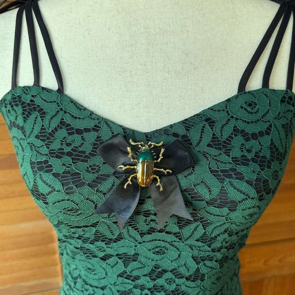 Voodoo Vixen Gothic Fairy Dark Fairycore Beetle Lover Green & Black Lace Dress S