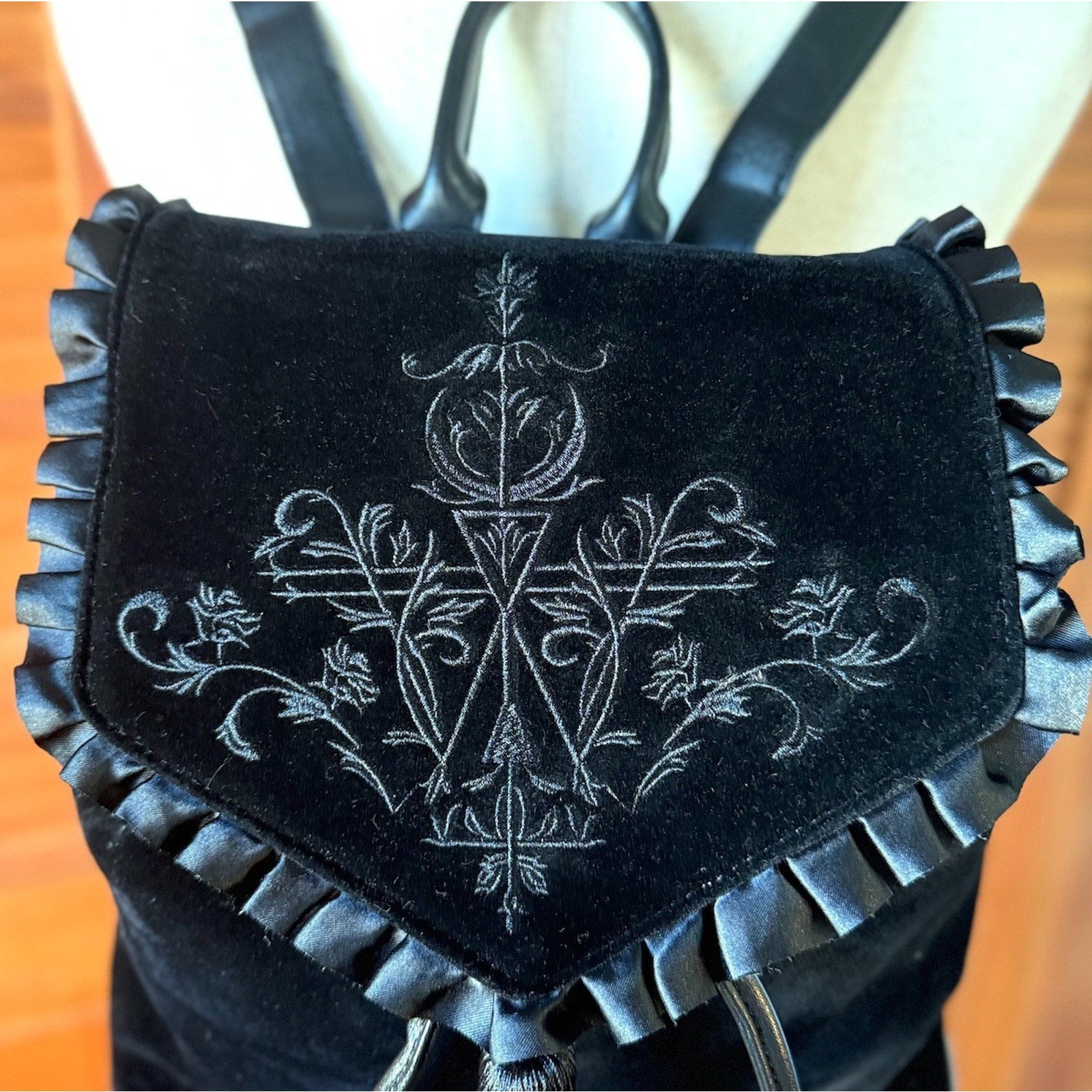 Gothic Victorian Witchy Black Velvet Embroidered Mini Backpack Bucket Purse Bag