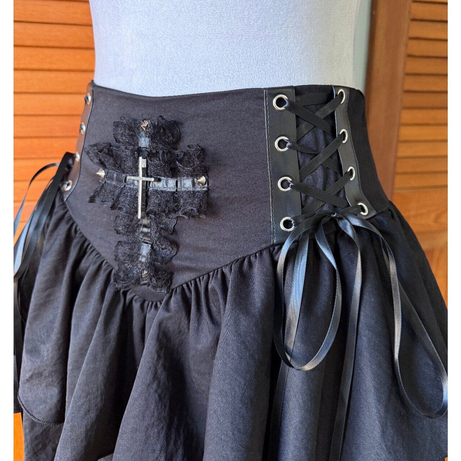 Punk Goth Lolita Harajuku Black Cross Lace-up Sides Ruffle Mini Skirt