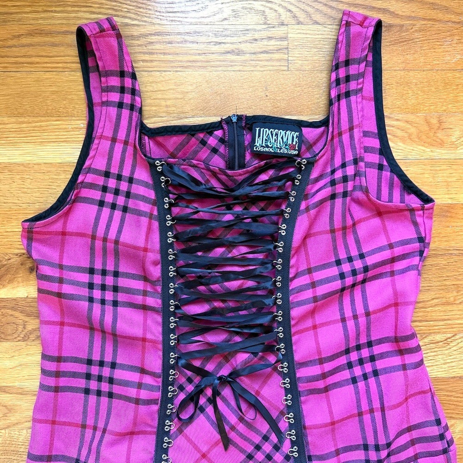 Vintage Lip Service Punk Goth Pink Plaid Lace-Up Hooks Dress Size 16