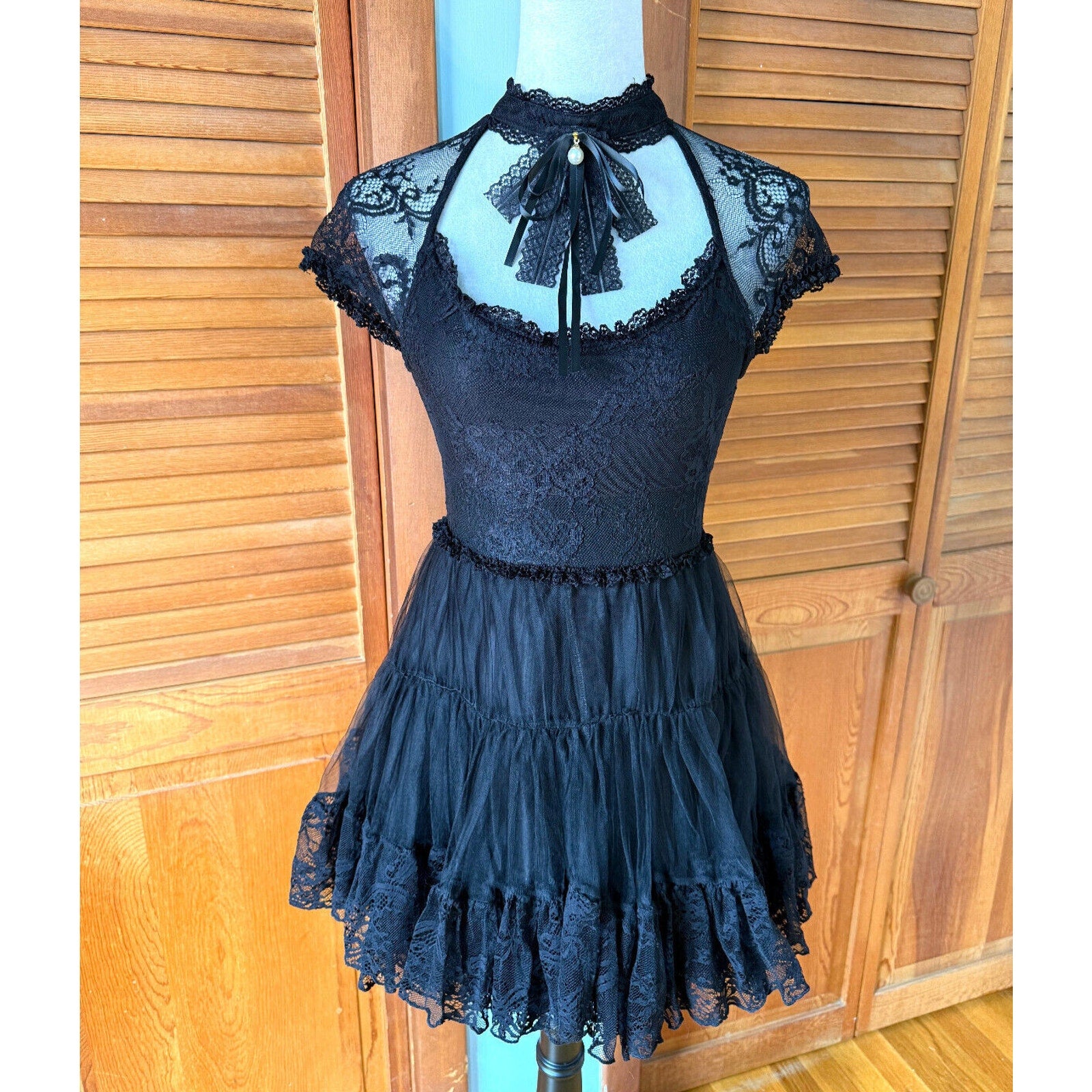 Killstar Gothic Lolita Victorian Coquette Black Lace & Bow Short Dress XS