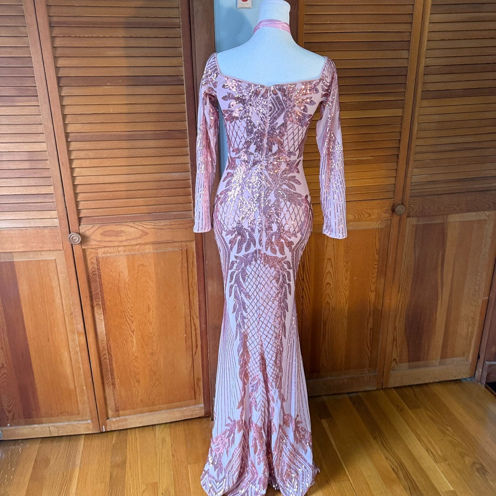 Pink Sequins Fairycore Mermaidcore Disco Diva Bodycon 1930s 1970s Dress Gown XS