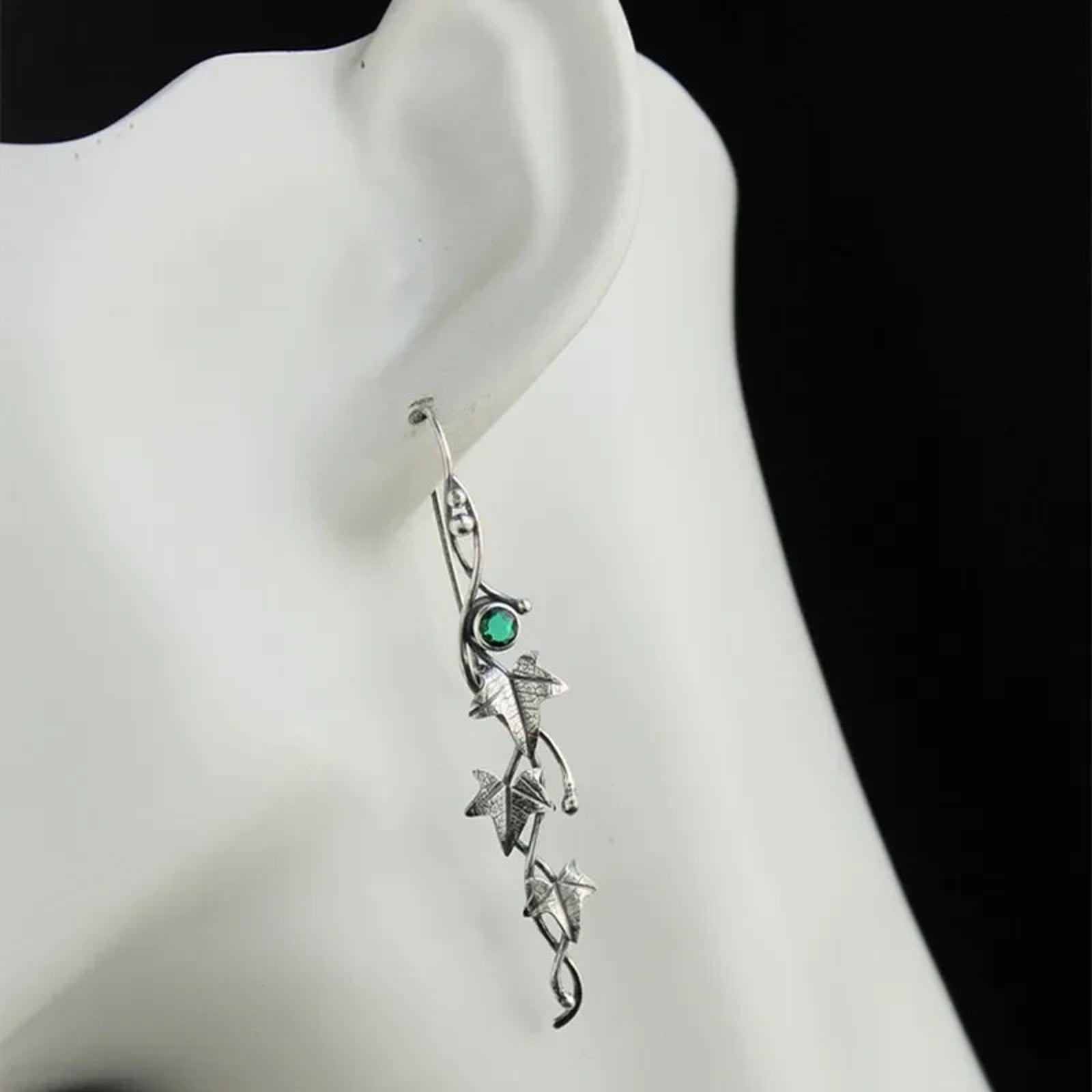 Gothic Victorian Fairycore Silver Leaf & Green Stone Earrings