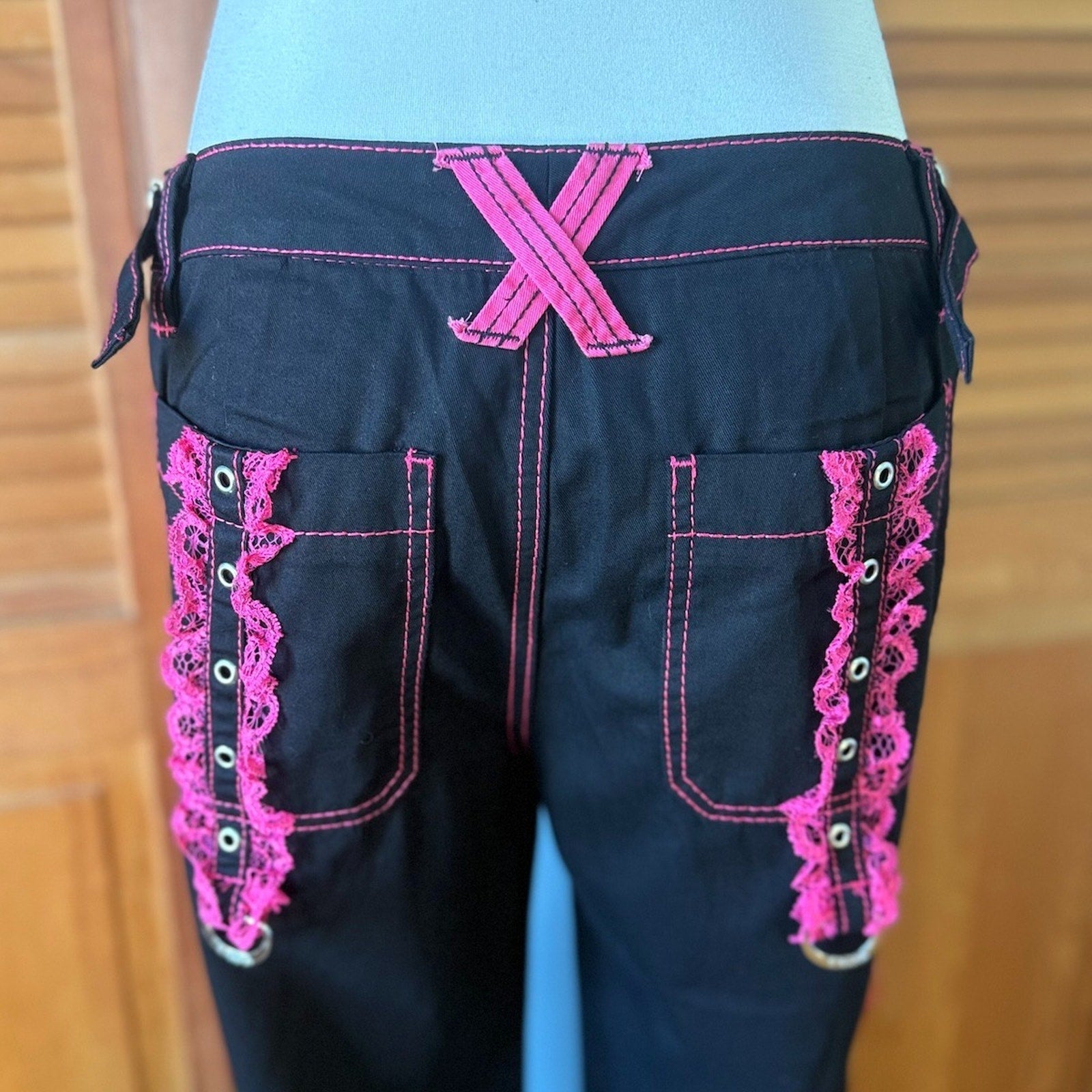 Tripp NYC Gothic Lolita Punk Emo Black Pants w/ Pink Lace Ruffles 29/9