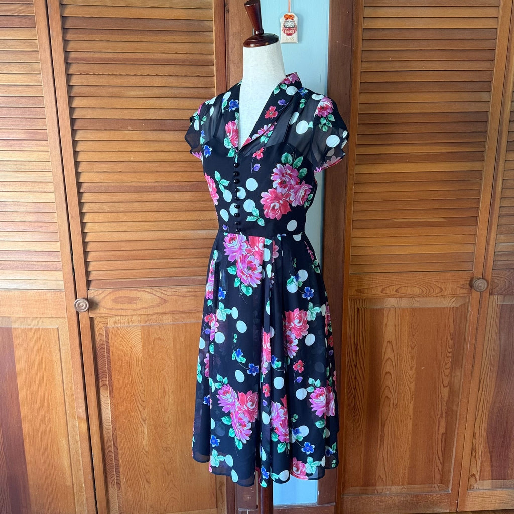 Hell Bunny Black Pink Rose Dark Cottage Retro Romantic Feminine Dress XS