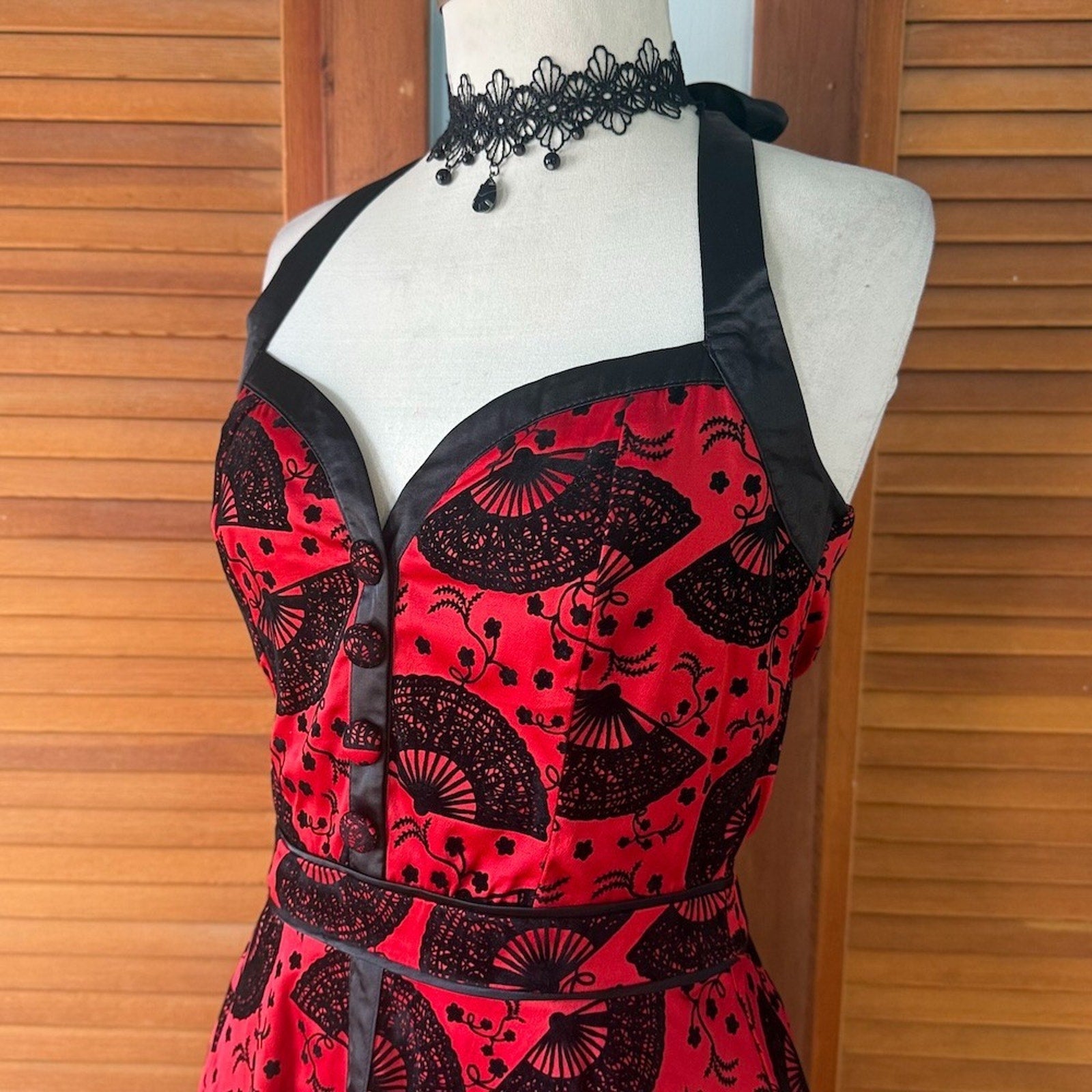 Voodoo Vixen Goth Punk Retro Vampire Red Black Fan Halter Tie Neck Dress M