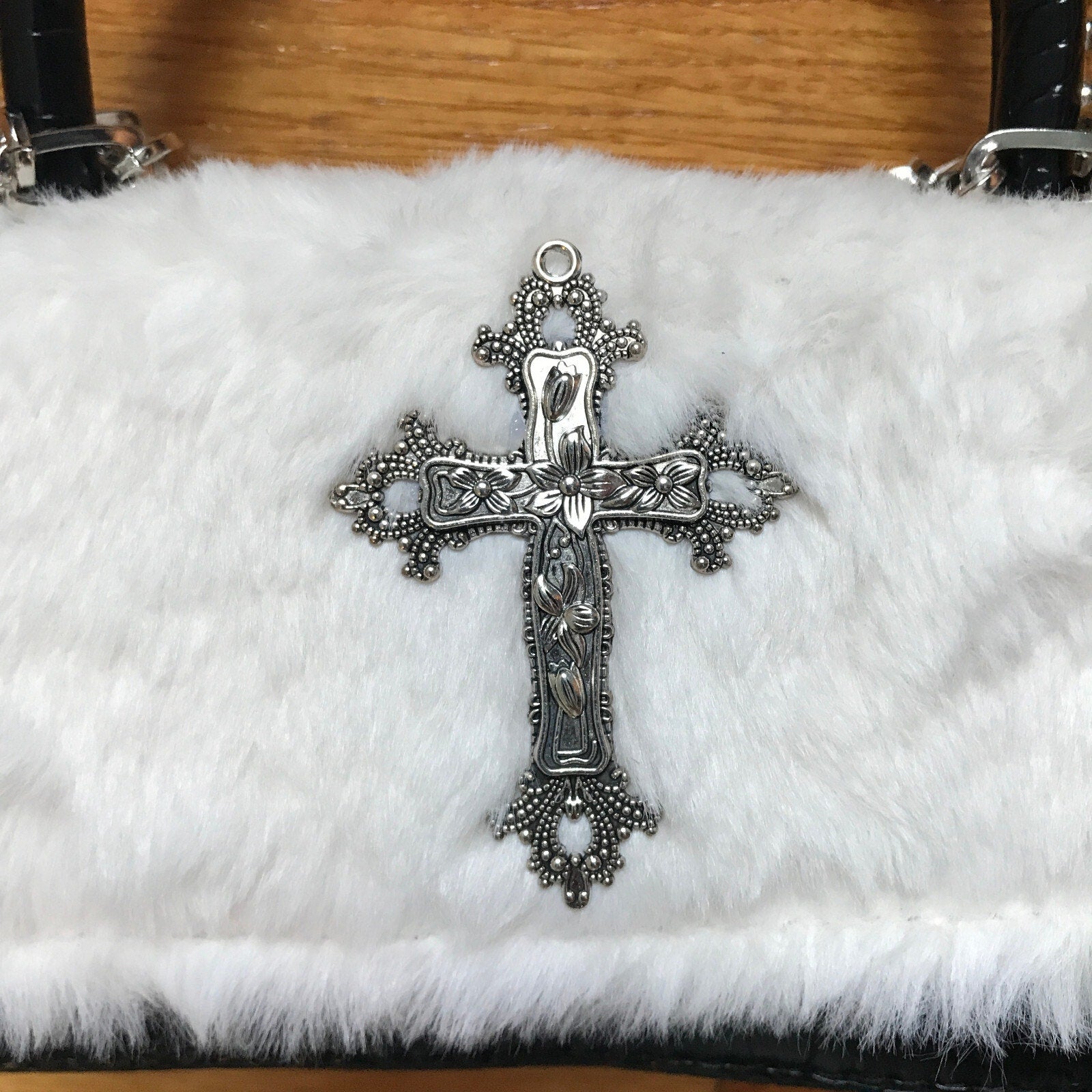 Gothic Punk Victorian Vkei Faux Fur Black Faux Leather Cross Chain Purse Bag
