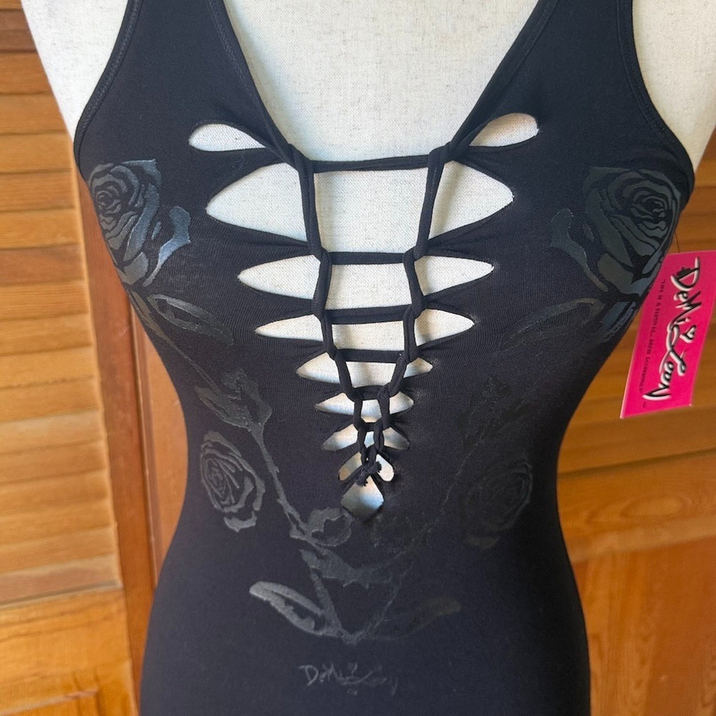 Demi Loon Punk Goth Emo Grunge "Black Rose" Slashed Cutout Festival Tank