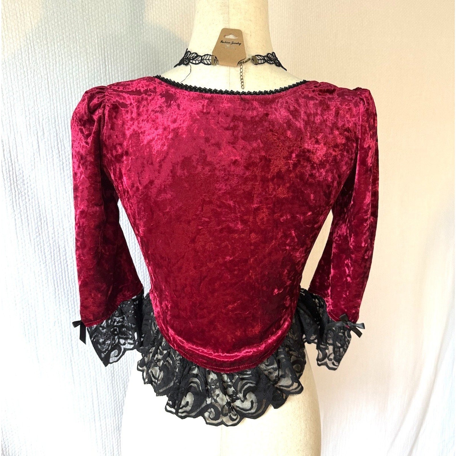 Dolls Kill Widow Vampire Gothic Victorian Blood Red Velvet & Black Lace Top