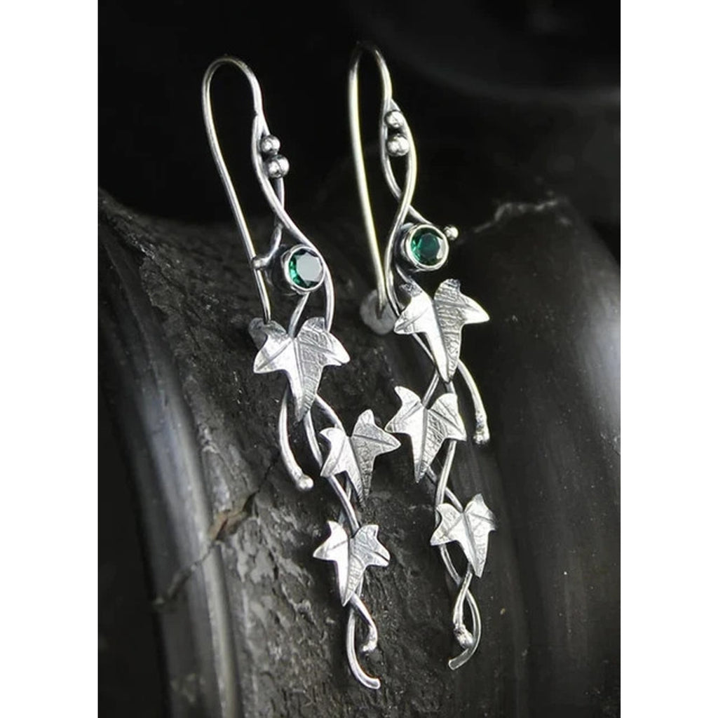 Gothic Victorian Fairycore Silver Leaf & Green Stone Earrings