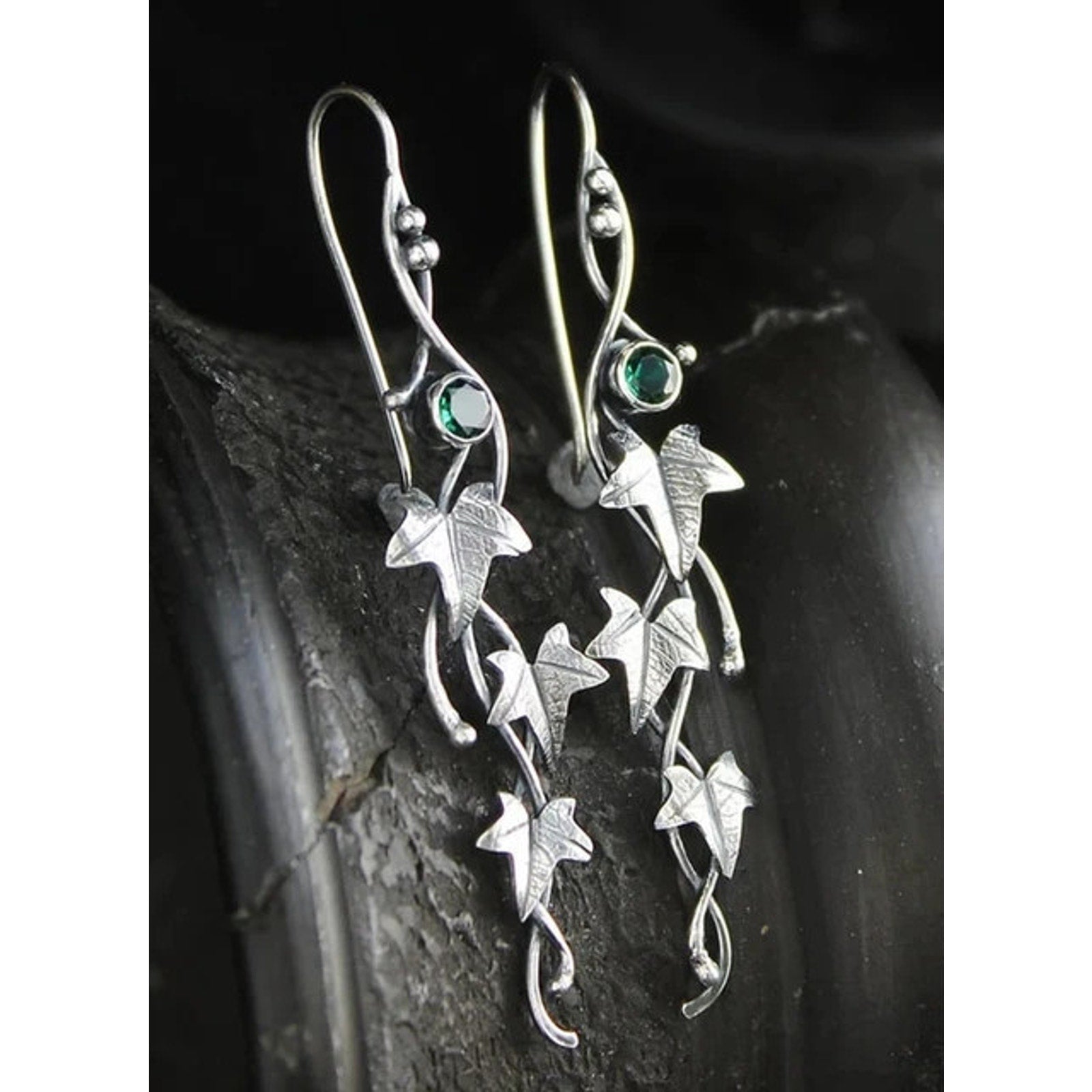 Gothic Victorian Fairycore Silver Leaf & Green Stone Earrings