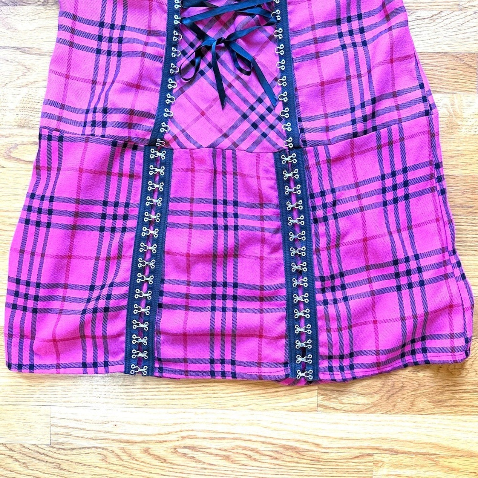 Vintage Lip Service Punk Goth Pink Plaid Lace-Up Hooks Dress Size 16