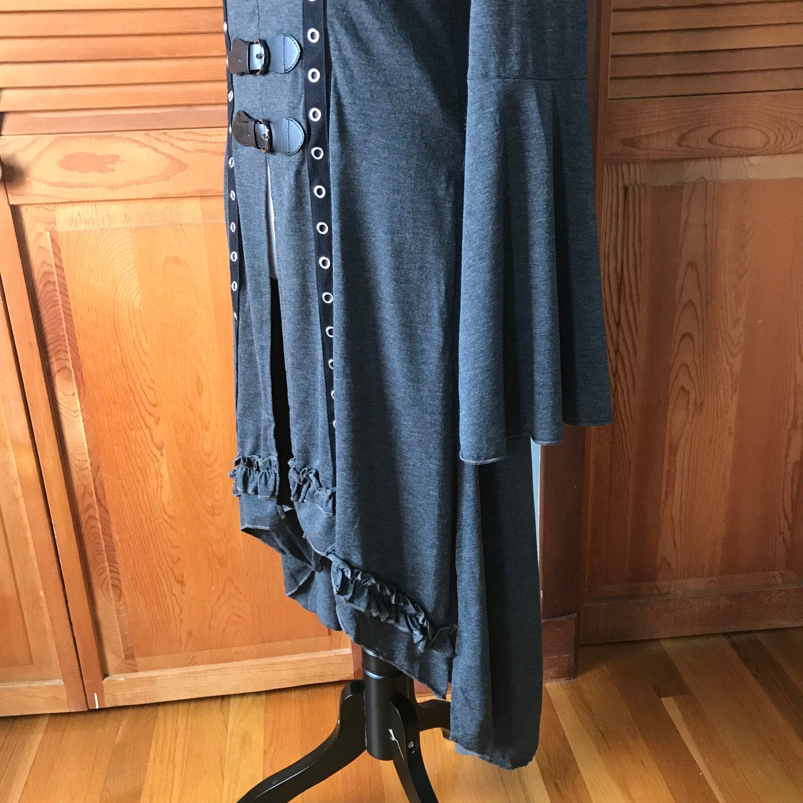 Goth Punk Emo Witchy Y2K Hooded Gray Buckle High-Low Duster Jacket Top Dress S