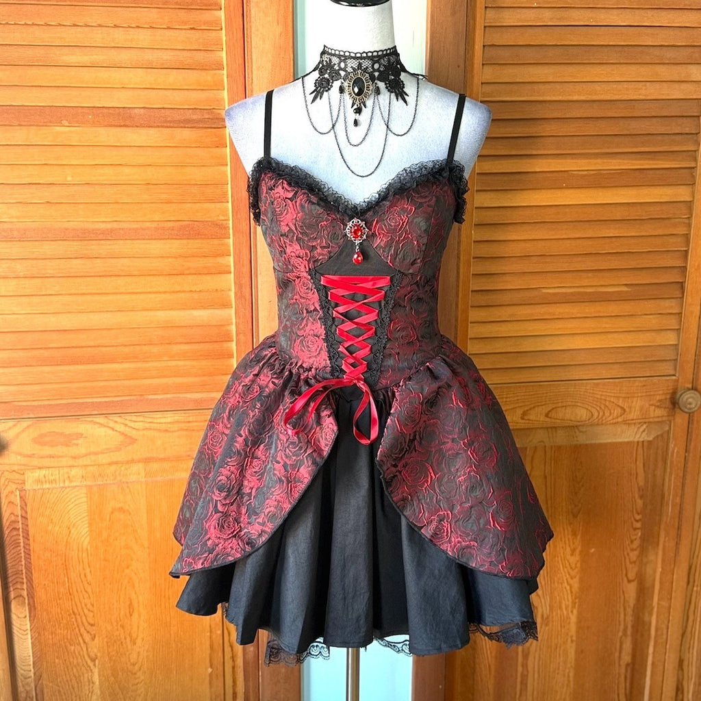 Gothic Victorian Vampire EGL Dark Fairycore Blood Roses Mini Dress + Petticoat