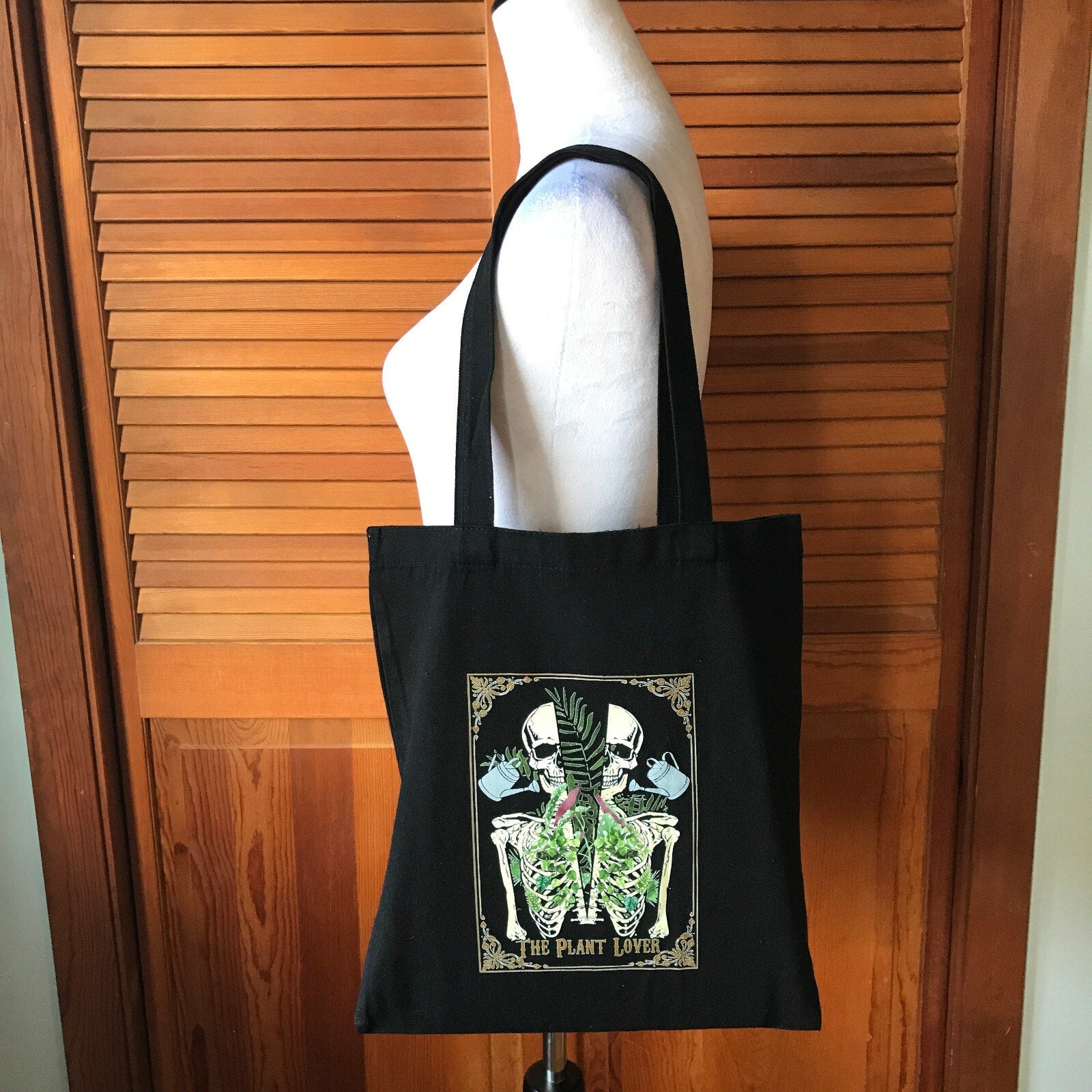 Garden Goth Punk The Plant Lover Skeleton Watering Can Black Canvas Tote Back