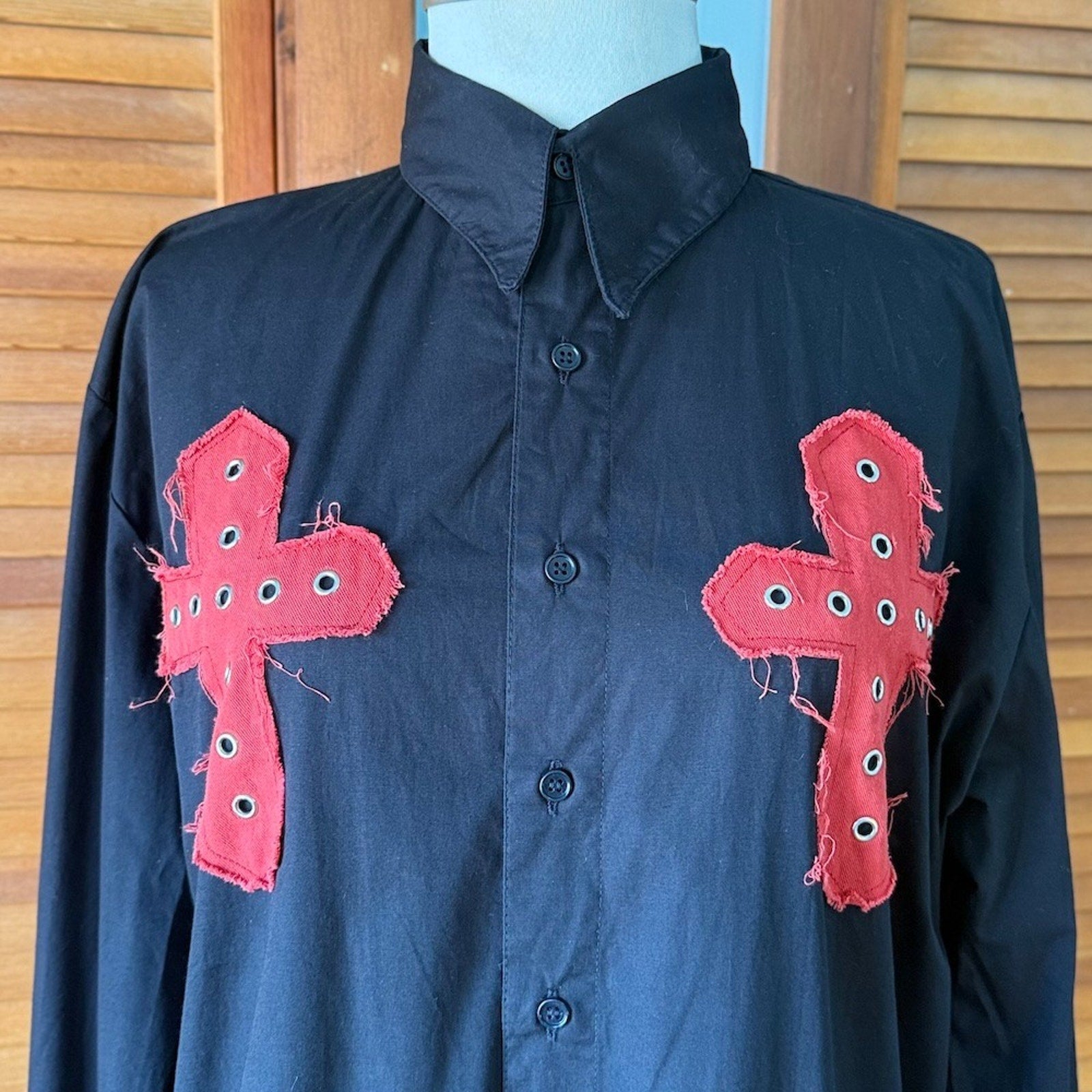 Vintage Gothic Victorian Vampire Punk Vkei Mens Black Cotton Red Cross Shirt L