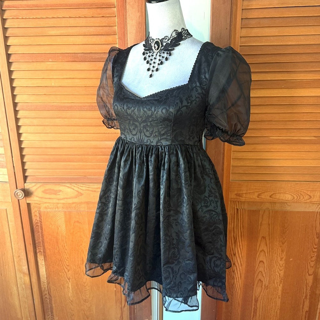 Dolls Kill Gothic Lolita Victorian Dark Bidding Black Brocade Mini Dress