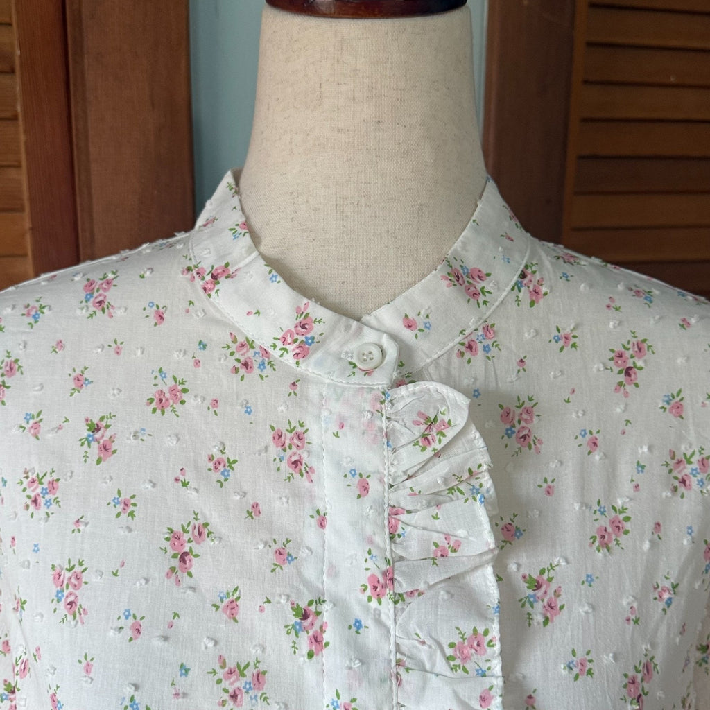 Vintage Style Romantic Victorian Whimsigoth White Cotton Pink Rose Ruffle Shirt