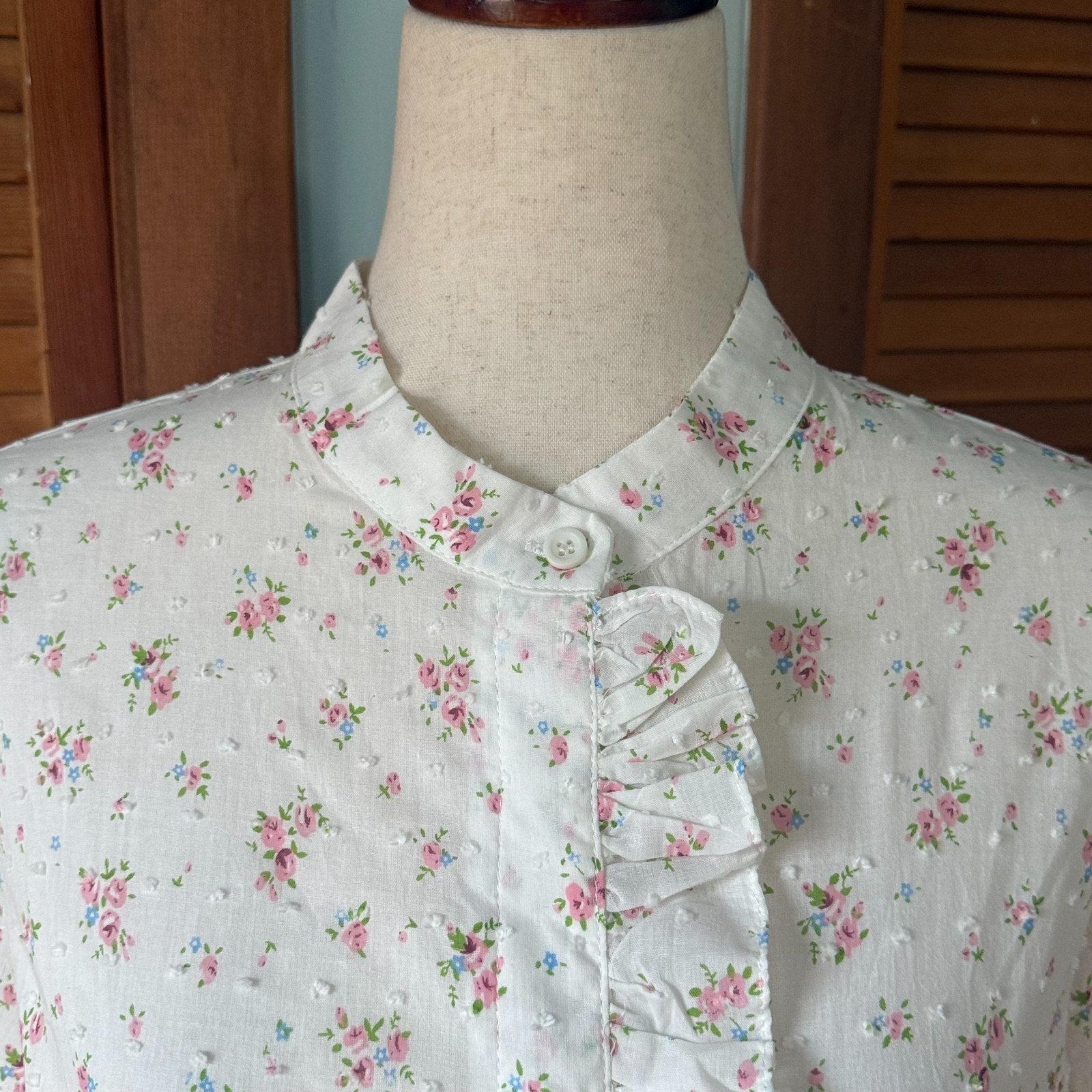 Vintage Style Romantic Victorian Whimsigoth White Cotton Pink Rose Ruffle Shirt