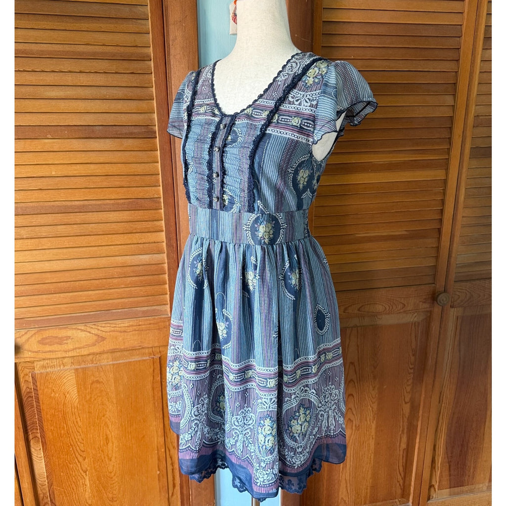 Axes Femme J-Fashion Jirai Kei Himekaji Blue Yellow Flower Medallion Dress M