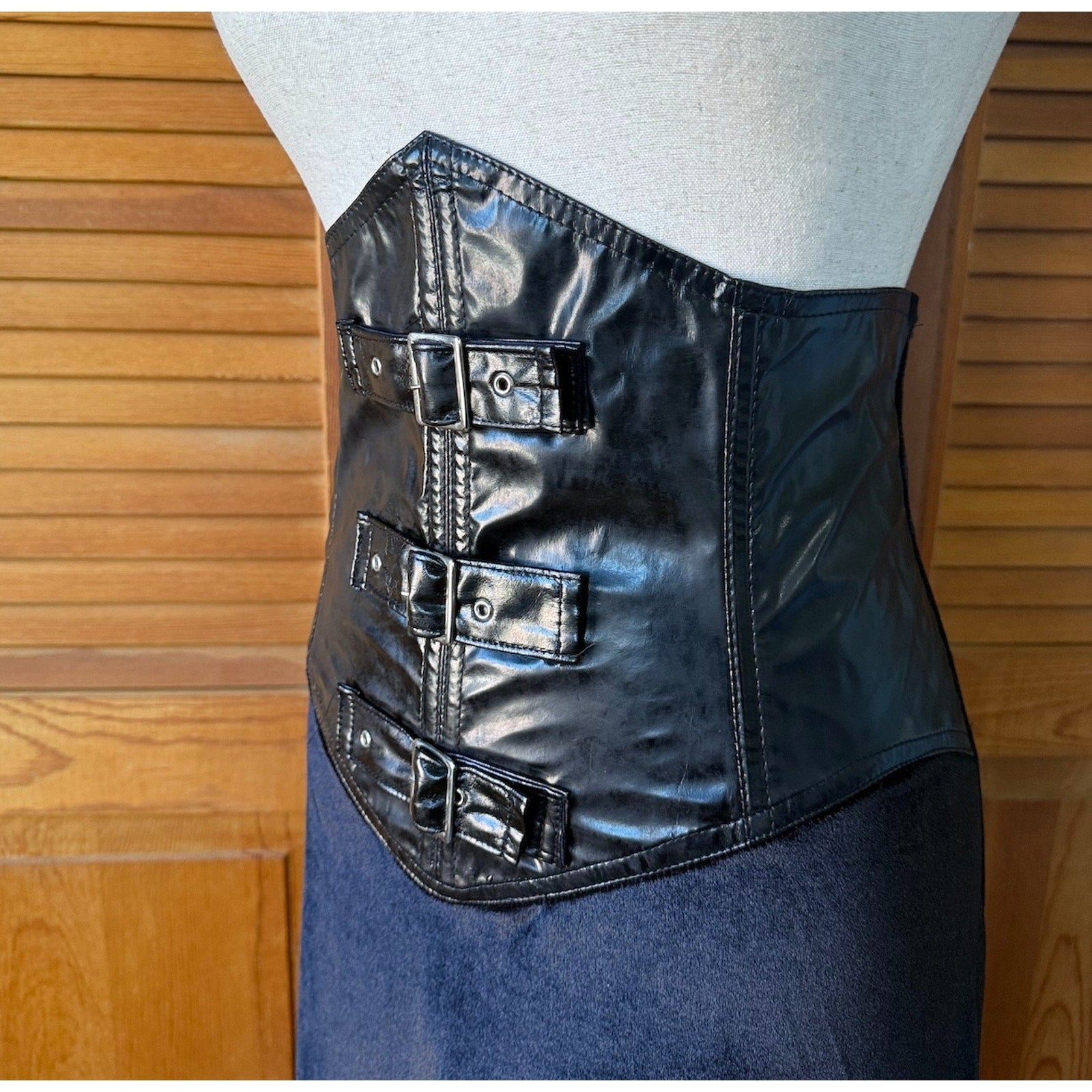 Vintage Phaze Goth Black Velvet & Vinyl High Waist Buckle Corset Skirt S