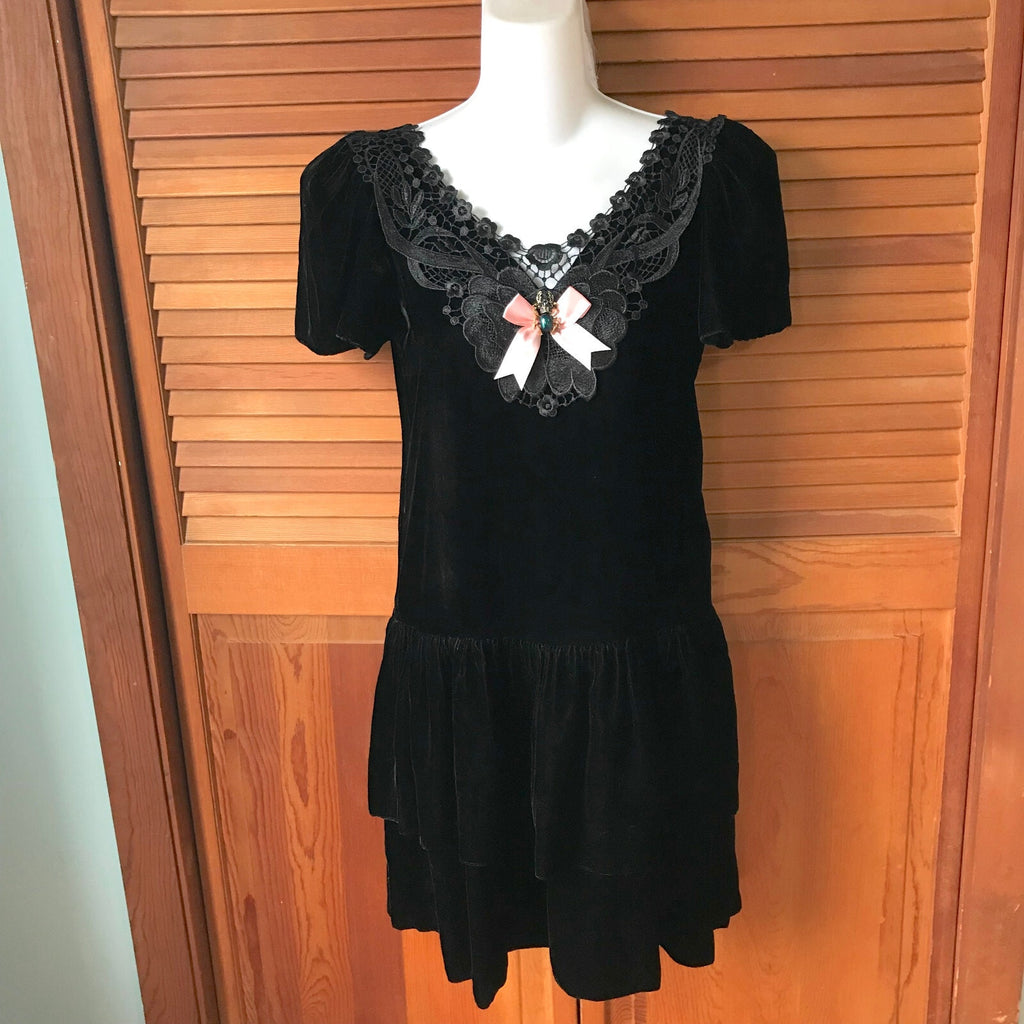 Vintage Gothic Lolita EGL Beetle Mania Black Velvet Lace & Bow Dress XS