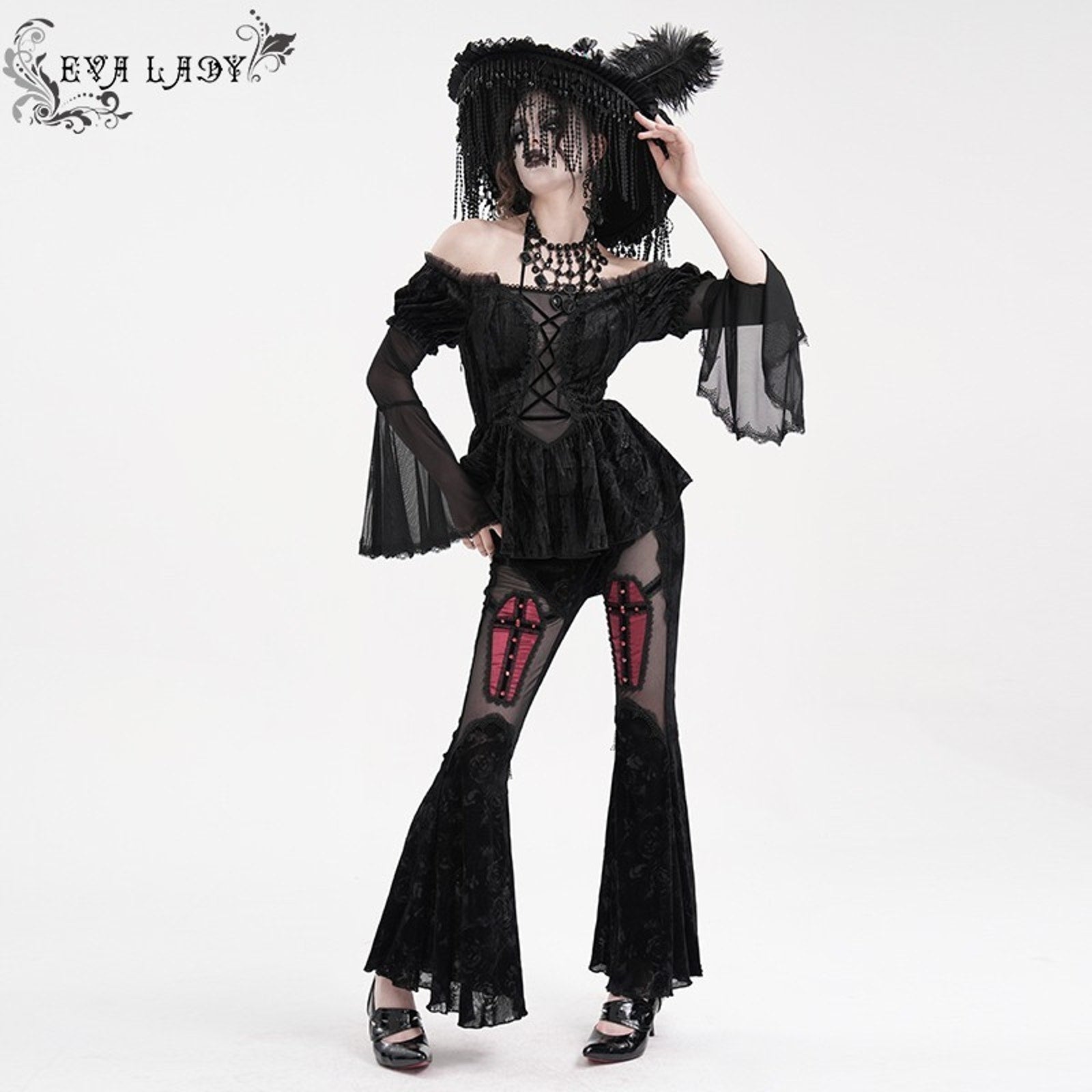 Devil Fashion Gothic Victorian Vampire Black Velvet Rose Princess Peplum Top XS