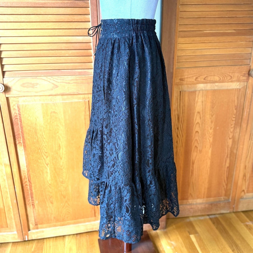 Axes Femme J-fashion Gyaru Himekaji Goth EGL Dollcore Black Lace Midi Skirt S-M