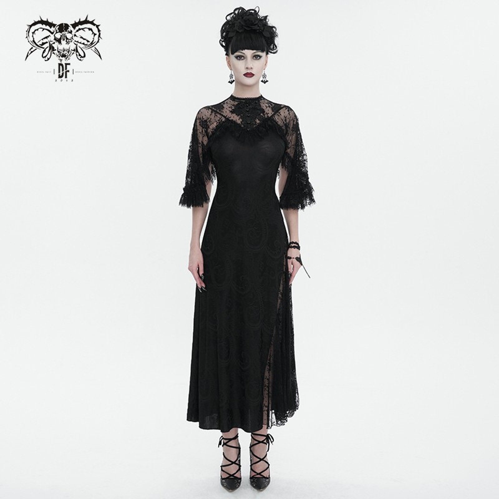Devil Fashion Gothic Victorian 1930s 'Birds of a Feather' Lace Maxi Gown Dress