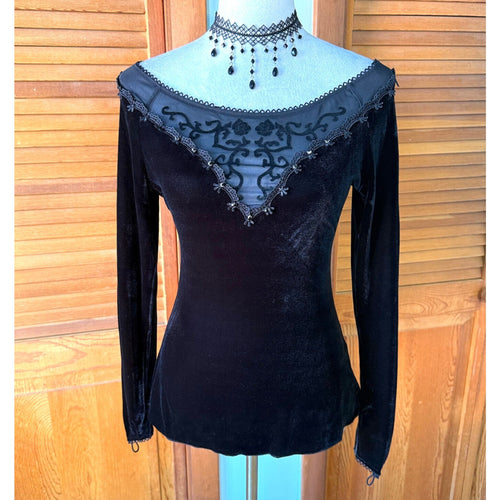 Devil Fashion Gothic Victorian Black Velvet Rose Diva Long Sleeve Top