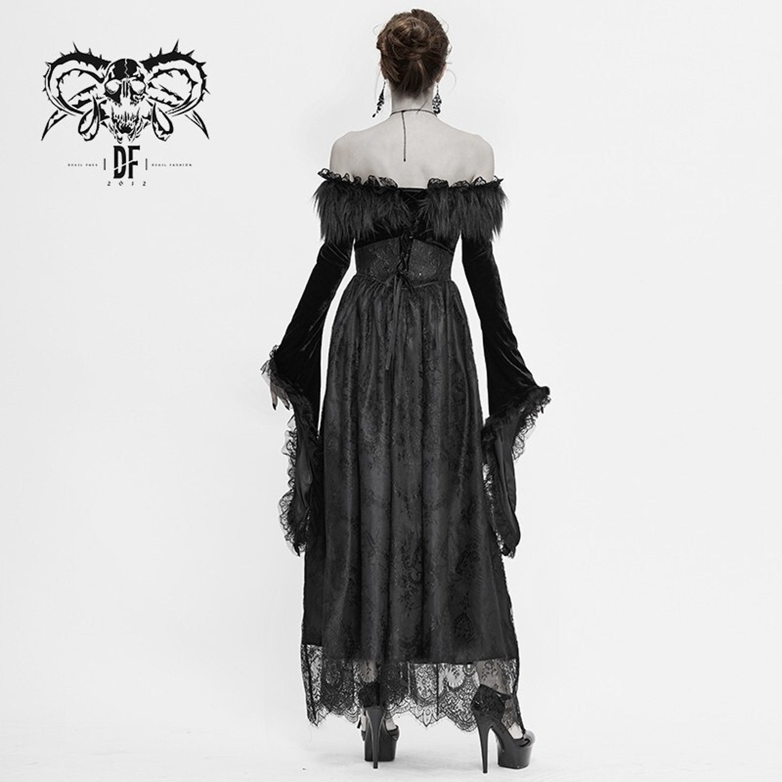Devil Fashion Gothic Victorian The Beast Inside Black Velvet Lace & Fur Dress