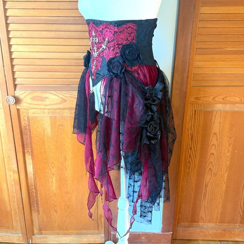 Devil Fashion Gothic Victorian Vampire Red Black Rose Cross Cincher Overskirt