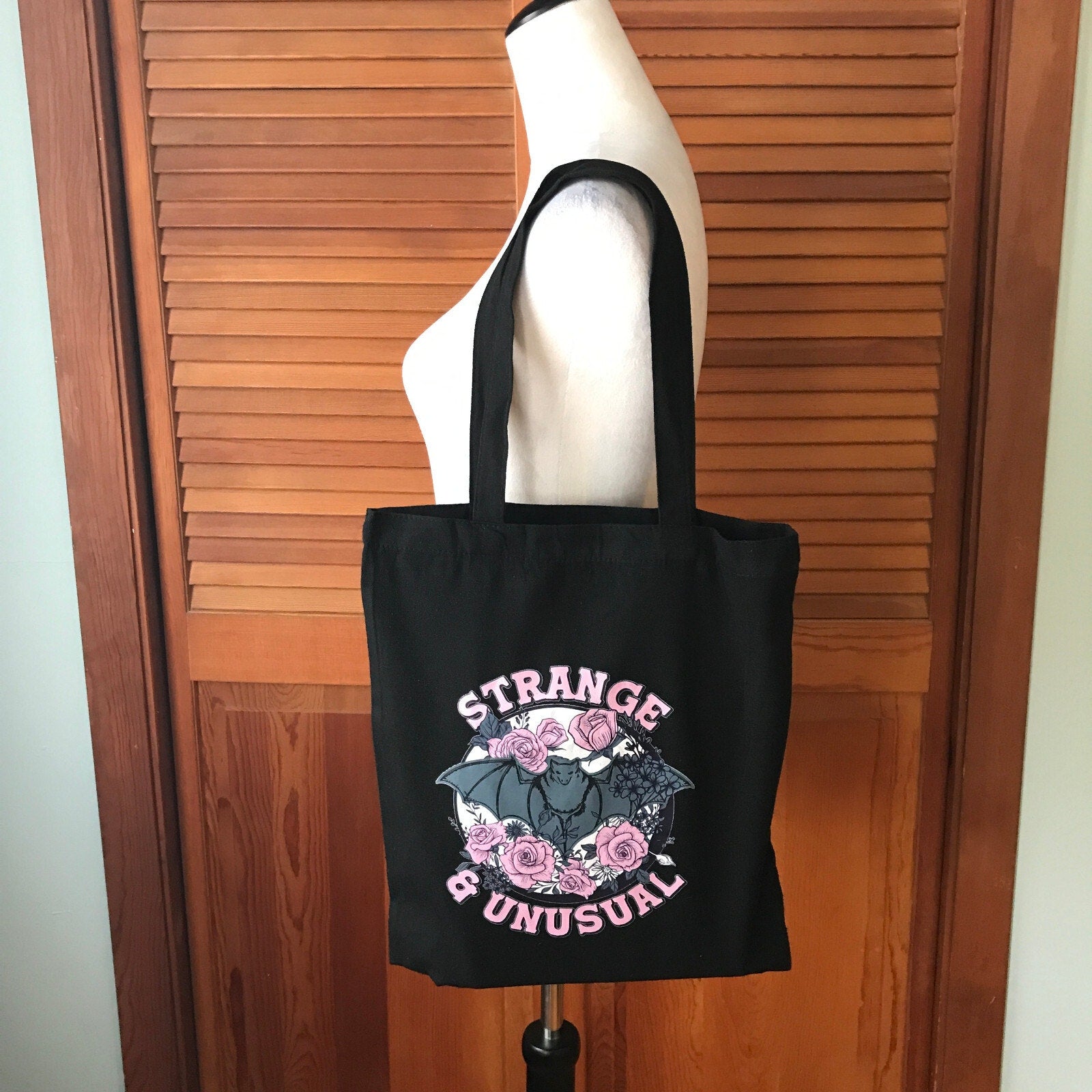 Gothic Lolita EGL Punk Pink & Black Strange & Unusual Bat & Roses Tote Bag