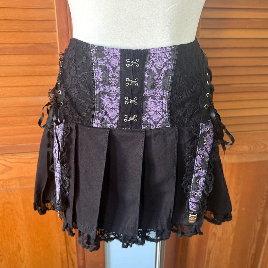 Tripp NYC Goth Punk Emo Lolita Black & Purple Lace Up Garter Mini Skirt