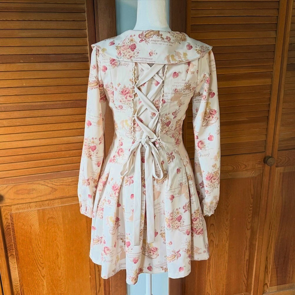 Liz Lisa J-fashion Gyaru Himekaji Victorian Rose Ivory Lace-Up Back Dress XS